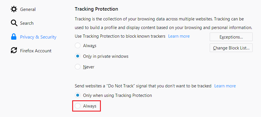 Firefox ad tracking privacy setting